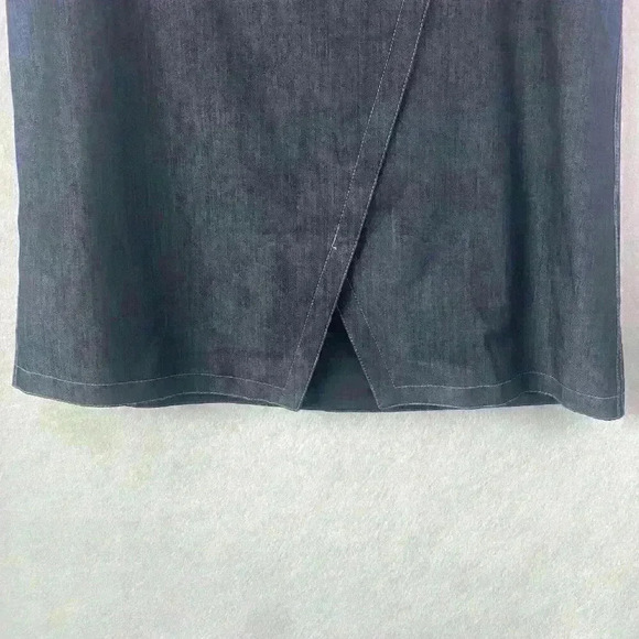 DKNY Women's Dark Denim Wrap Above Knee Front Slit Zipper Back Skirt Size 14 - Picture 4 of 9